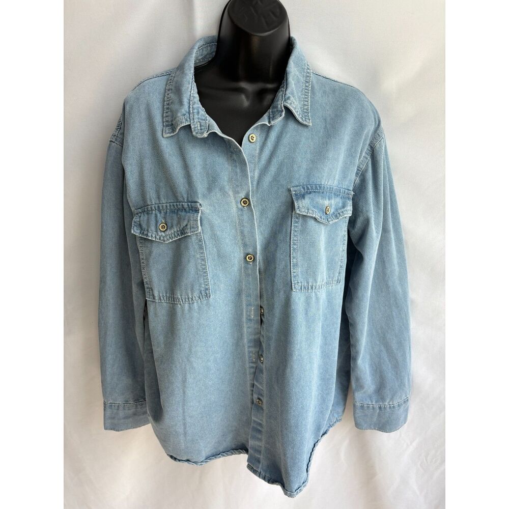 Vintage Denim Button Down Shirt Size L 90s 80s Jean Shirt Retro Basics Essential